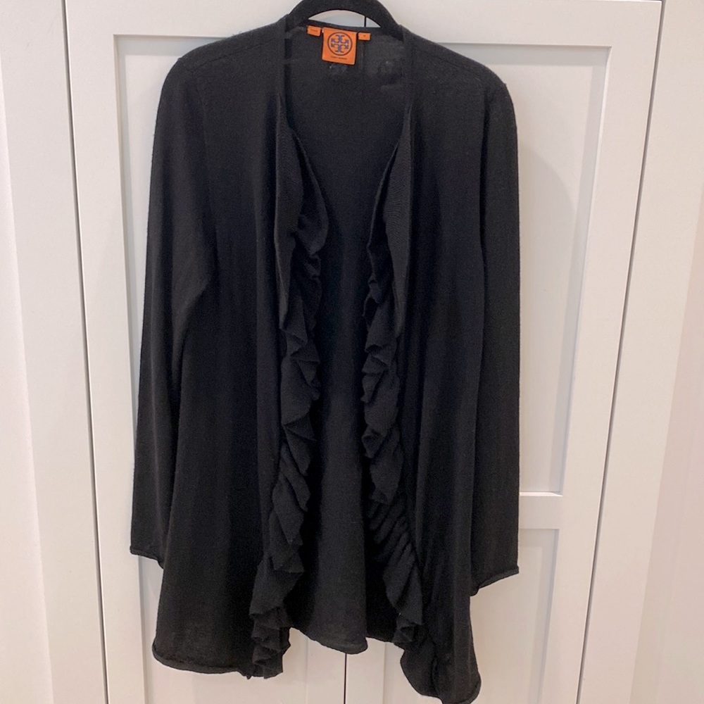 Tory Burch Open Front Ruffle Wool Cardigan Sweater classic